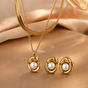 Elegant Gold Necklace & earrings Set with Pearls, Stainless Steel